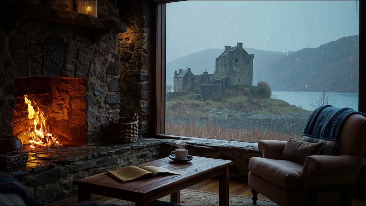 Scottish Highlands Ambience | Celtic Music, Rainfall Over the Hills & a Warm Fireplace