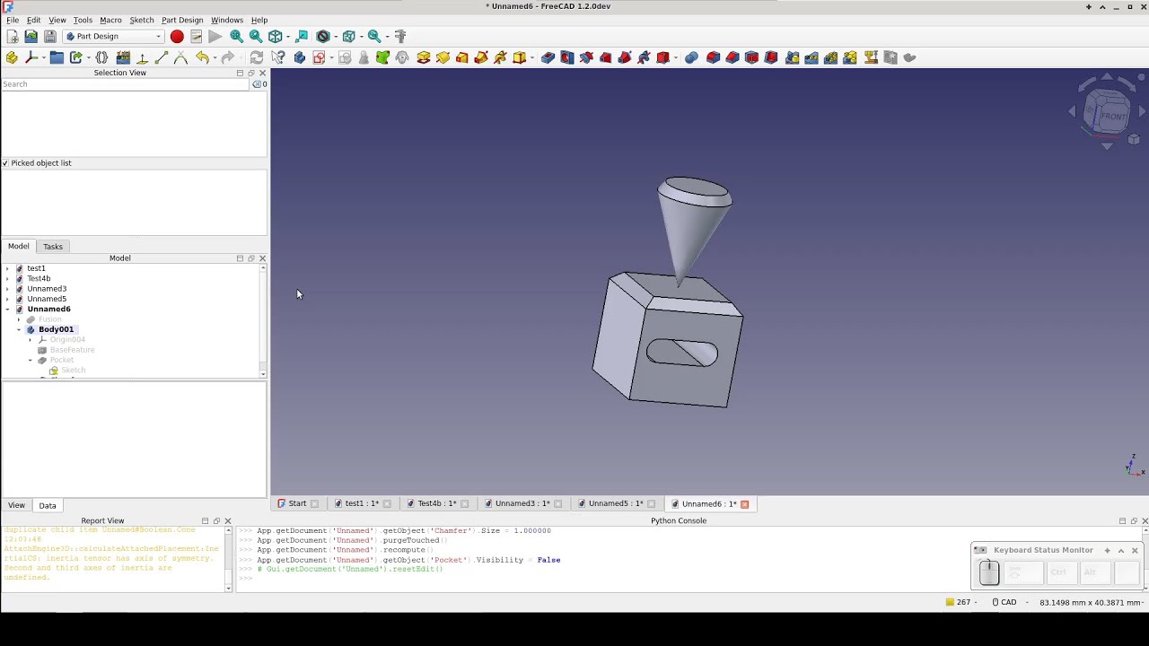 FreeCAD: Part и PartDesign работают вместе: квадратный колышек и круглое отверстие.