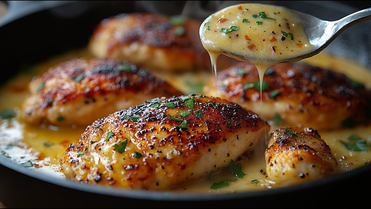 Cremiges Knoblauch-Parmesan-H&auml;hnchen &ndash; einfach & schnell in der Pfanne gemacht! 🍗🧄🧀