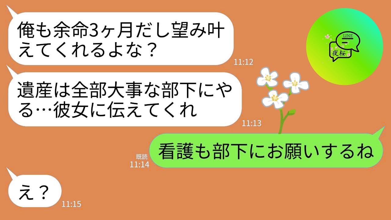 【LINE】余命3ヶ月の夫が泣きながら要求してきた…夫「世話になった部下に遺産は全部あげたいwお前には一円も渡さない」→私「じゃ部下に面倒みてもらって」→速攻で出ていった結果www