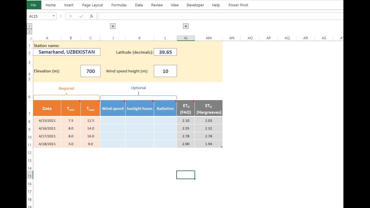 Excel spreadsheet to calculate Evapotranspiration (ETo) based on FAO56 with missing climate data