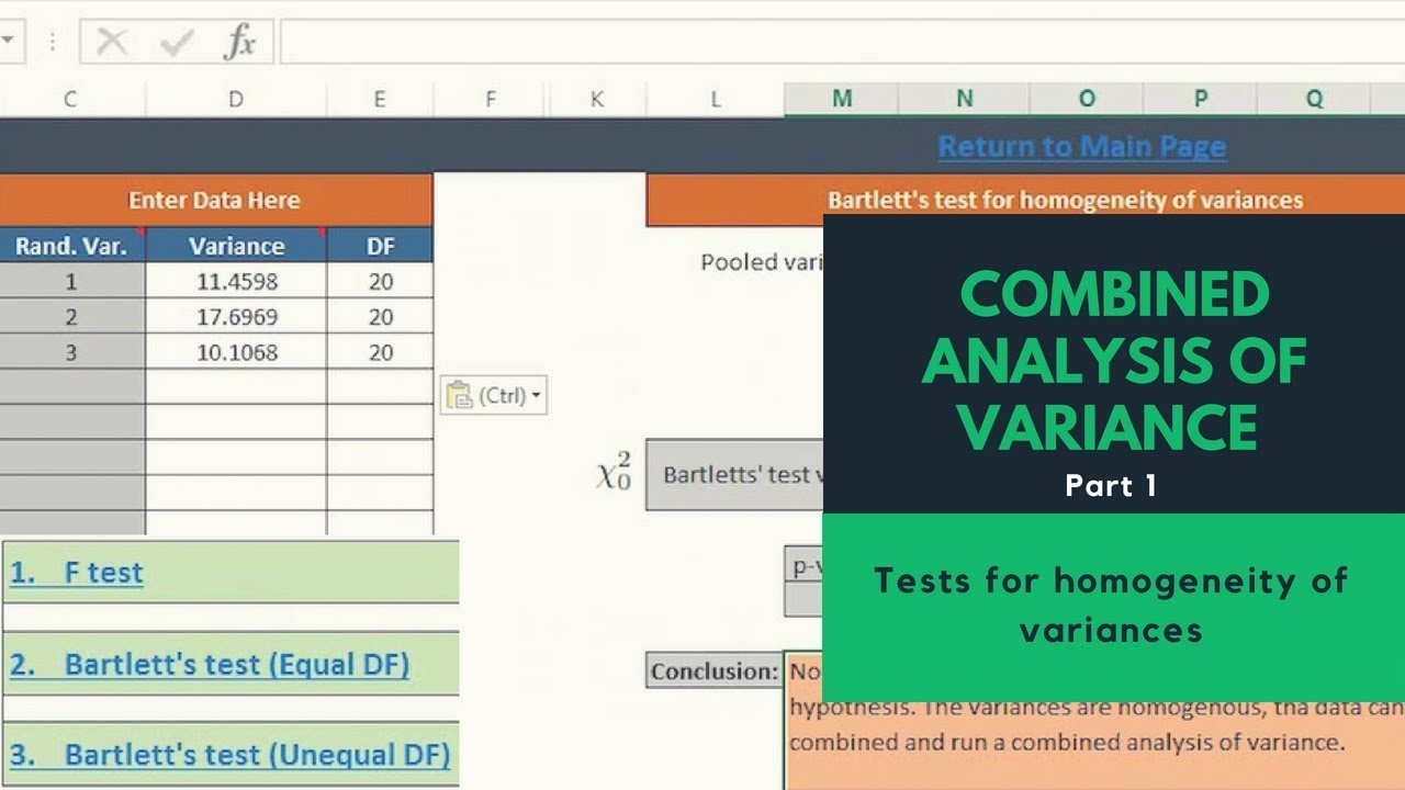 Combined analysis of variance | Tests for homogeneity of variances | Bartlett's test | F test