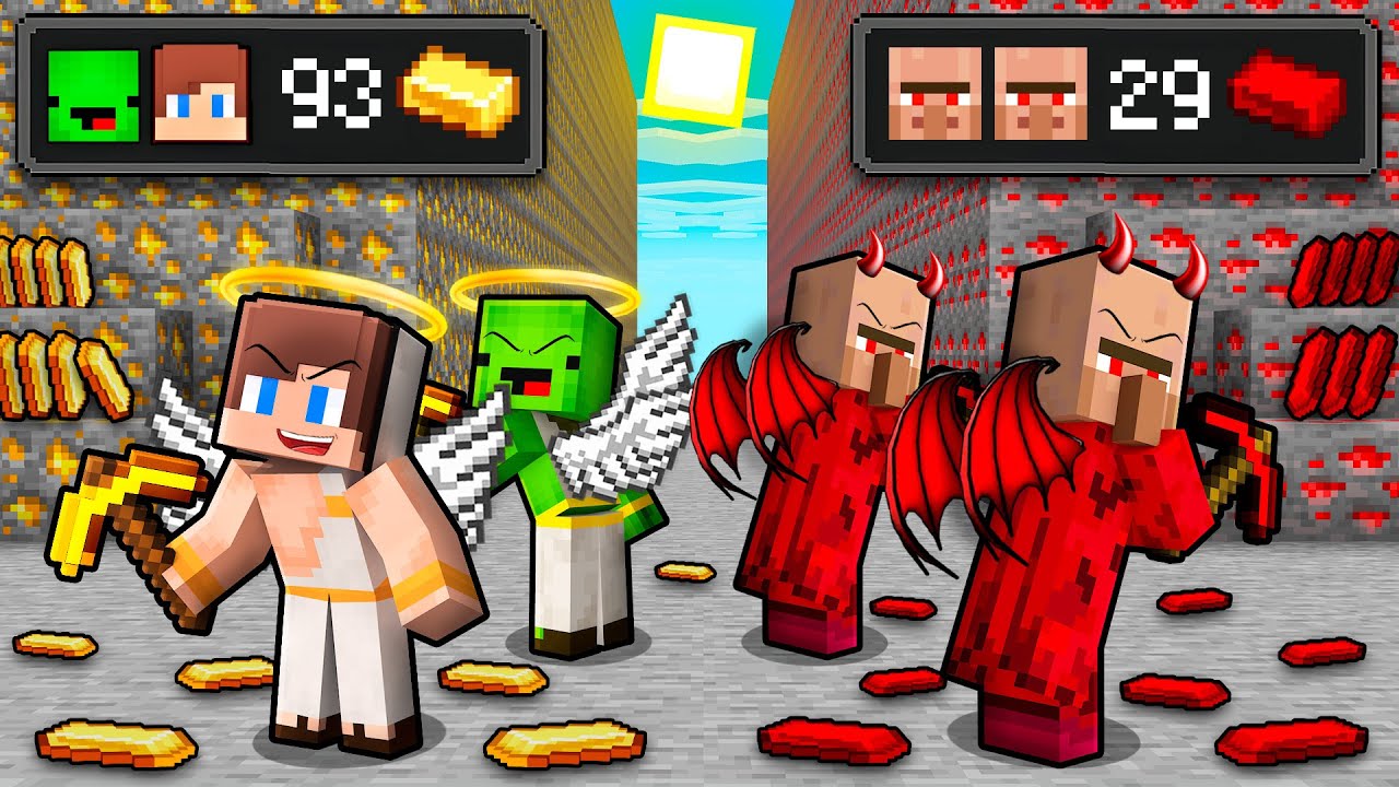 JJ and Mikey: ANGELS vs DEMONS MINE BATTLE In Minecraft - Maizen