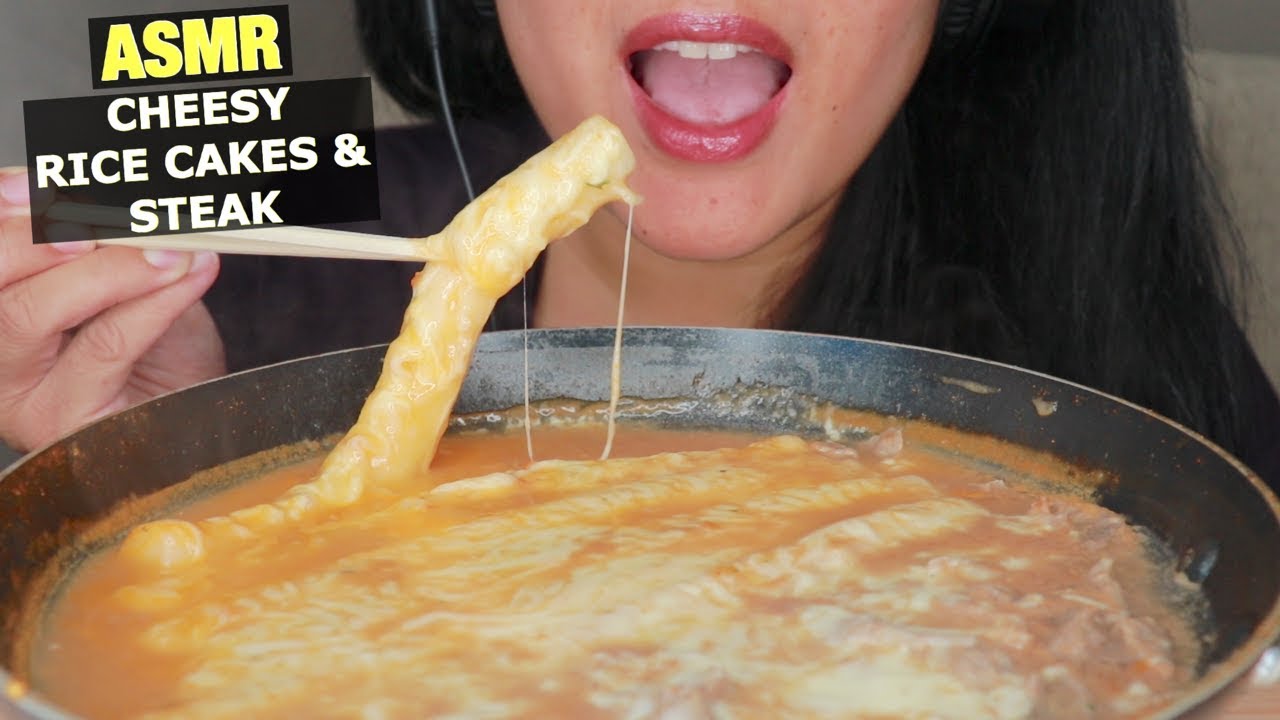 ASMR SUPER CHEESY GIANT RICE CAKES W/STEAK -  CHEESY SLURPING EATING SOUNDS - NO TALKING