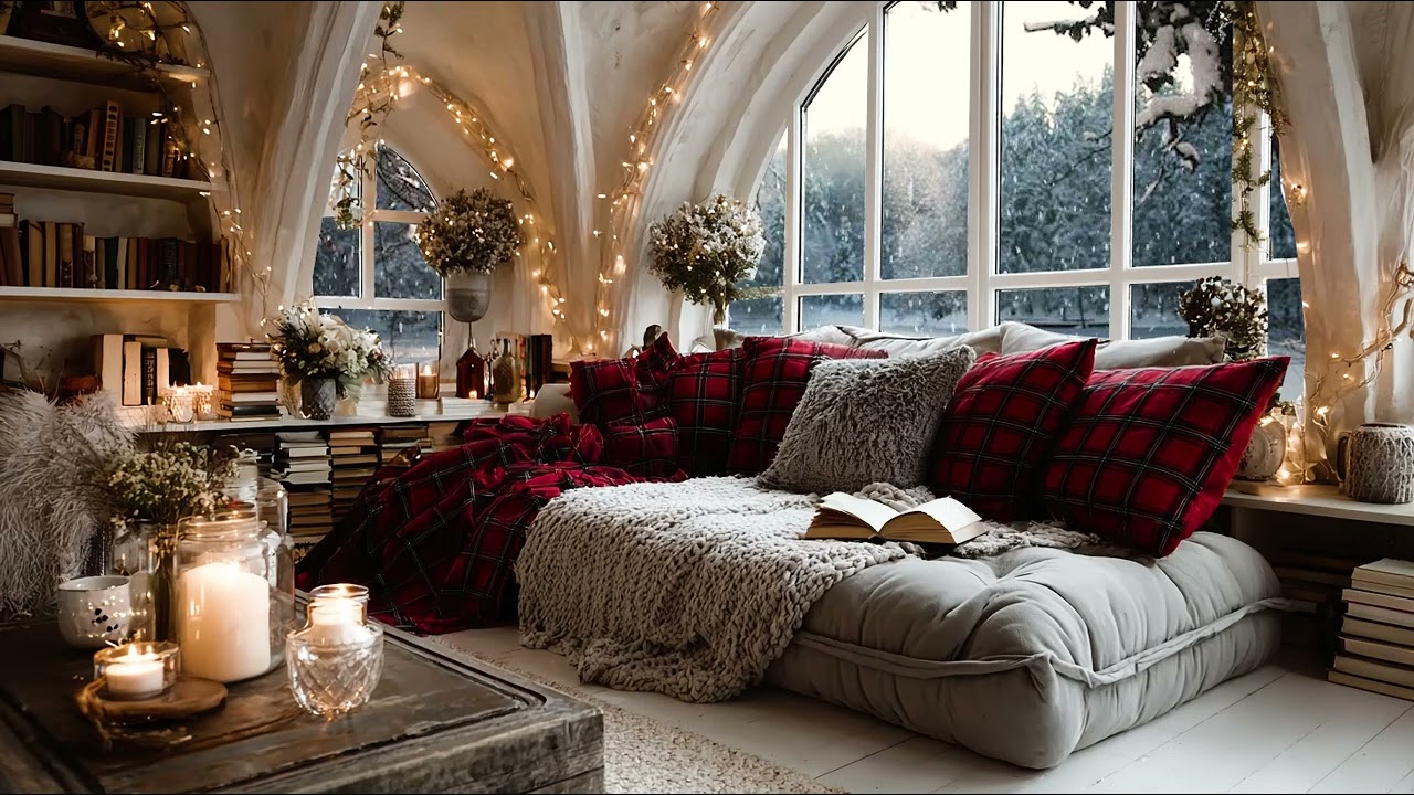 Cozy Fireplace with Snow Wind Outside for Calm Rest and Anxiety Relief