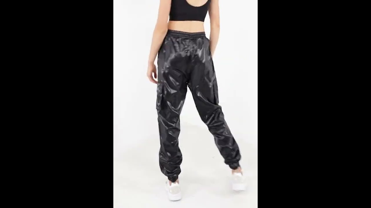 ADIDAS Shiny Nylon Cargo Pants Trackpants Wetlook Sports-Bra Women Black