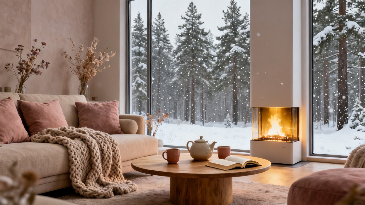 Snowy On Window & Fireplace Crackles in Cozy Living Room Ambience ❄️Gentle Piano for Calm and Relax