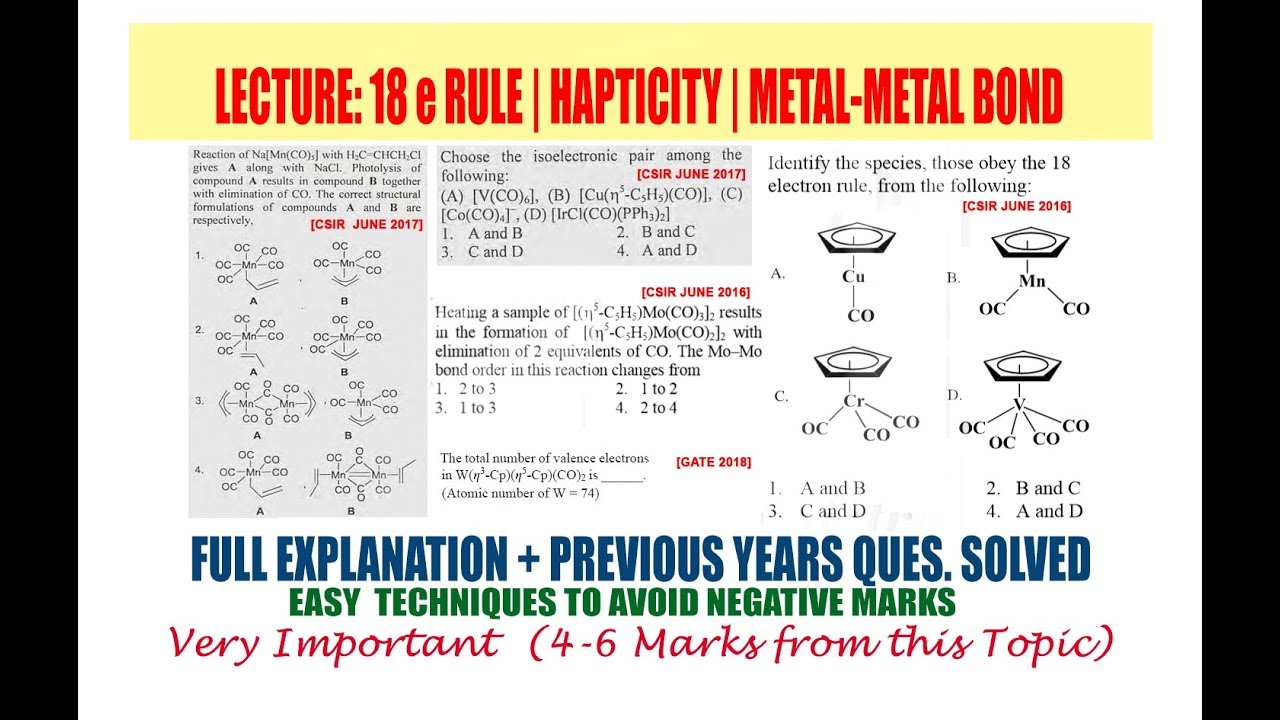 18 electron rule | Haptacity | Metal-Metal Bonds (Explanation & Problem)