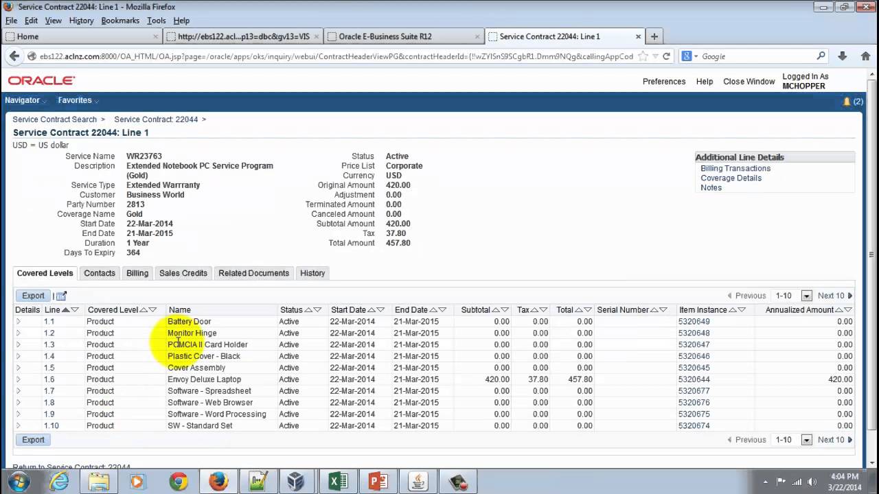 How to check Extended Warranty Service Contracts in HTML UI? (on Oracle EBS R12.2.4)