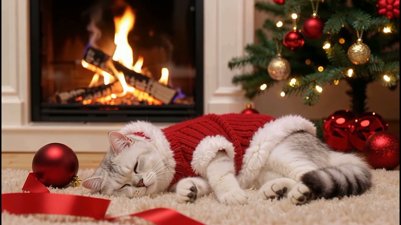 Cozy Fireplace & Sleeping Cat Sounds | Relaxing Winter Mood