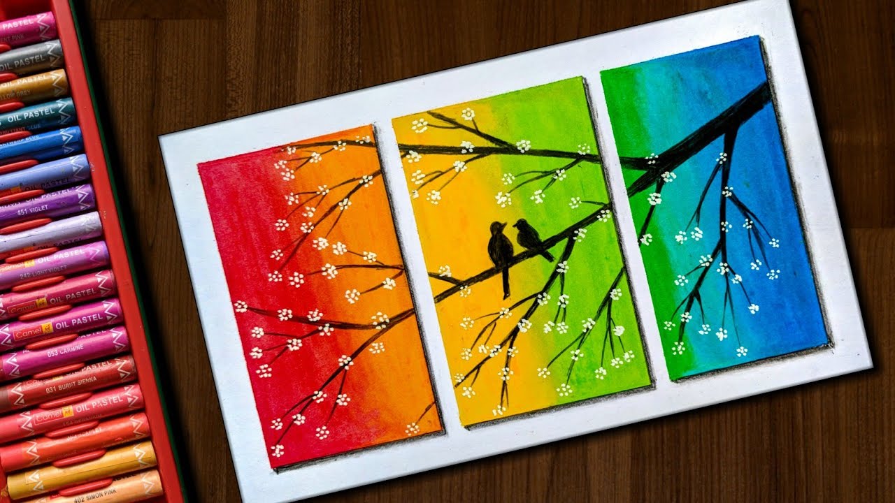Love Birds scenery drawing with Oil Pastels for beginners - step by step