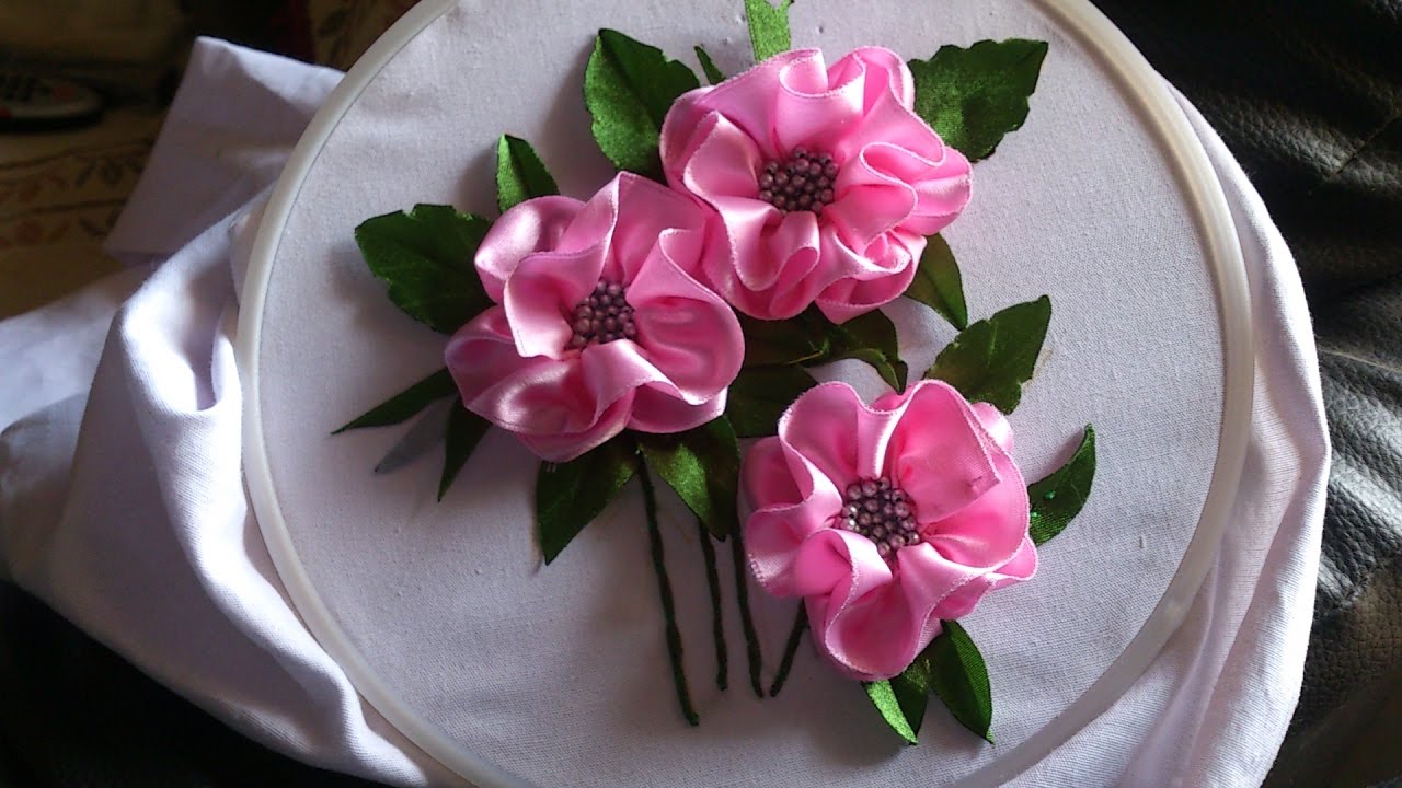 Satin ribbon embroidery design for long frocks. Ribbon embroidery stitches by hand tutorial.