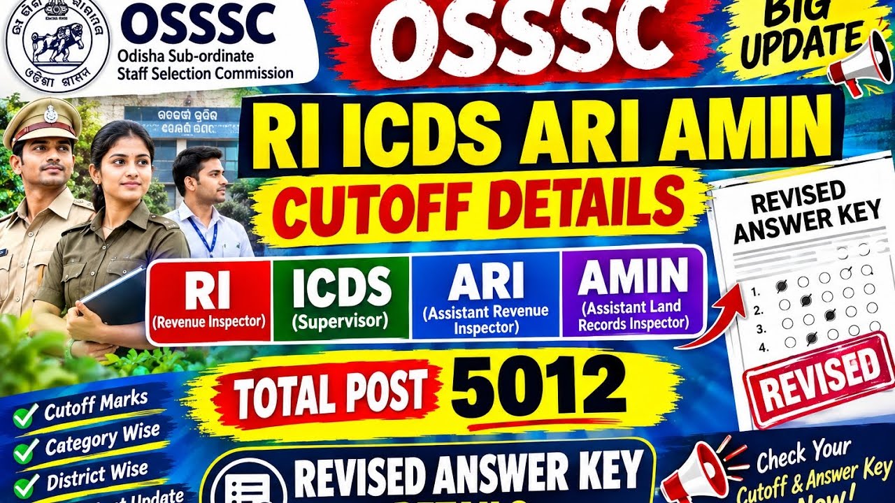 OSSSC RI, AMIN, VAW, ICDS CUTOFF MARK 2026, CATEGORY WISE /RESULT, REVISE ANS KEY /SELECTION PROCESS