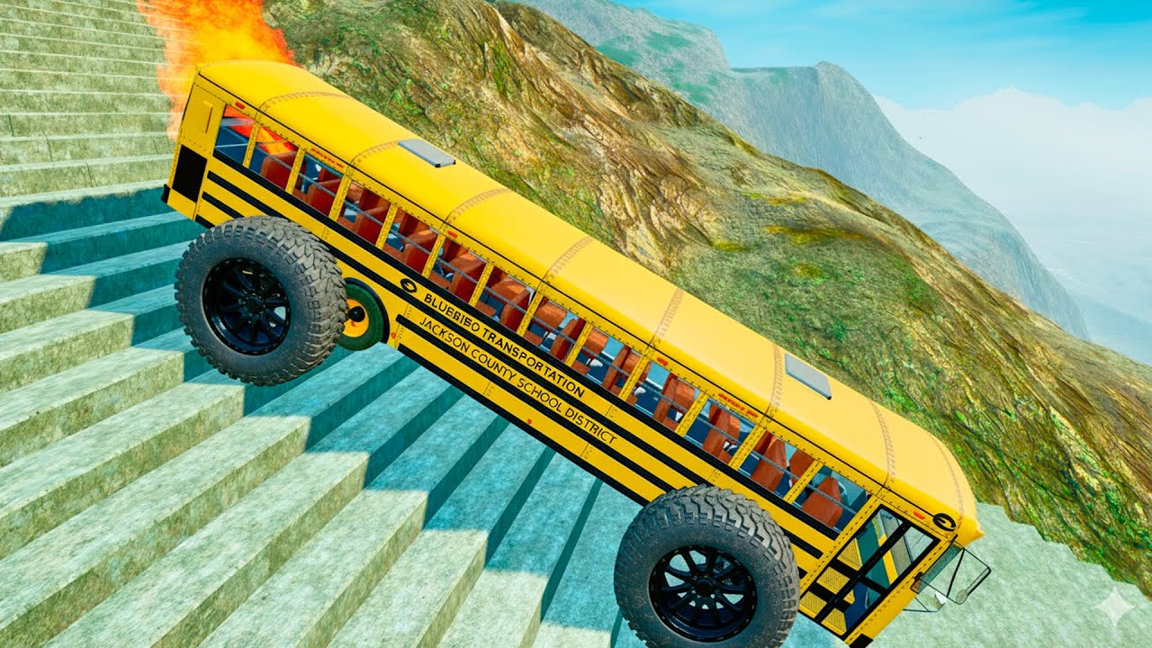 School Bus Stairs Jumps Down Challenge &ndash; BeamNG Drive Realistic Crash Physics BMG