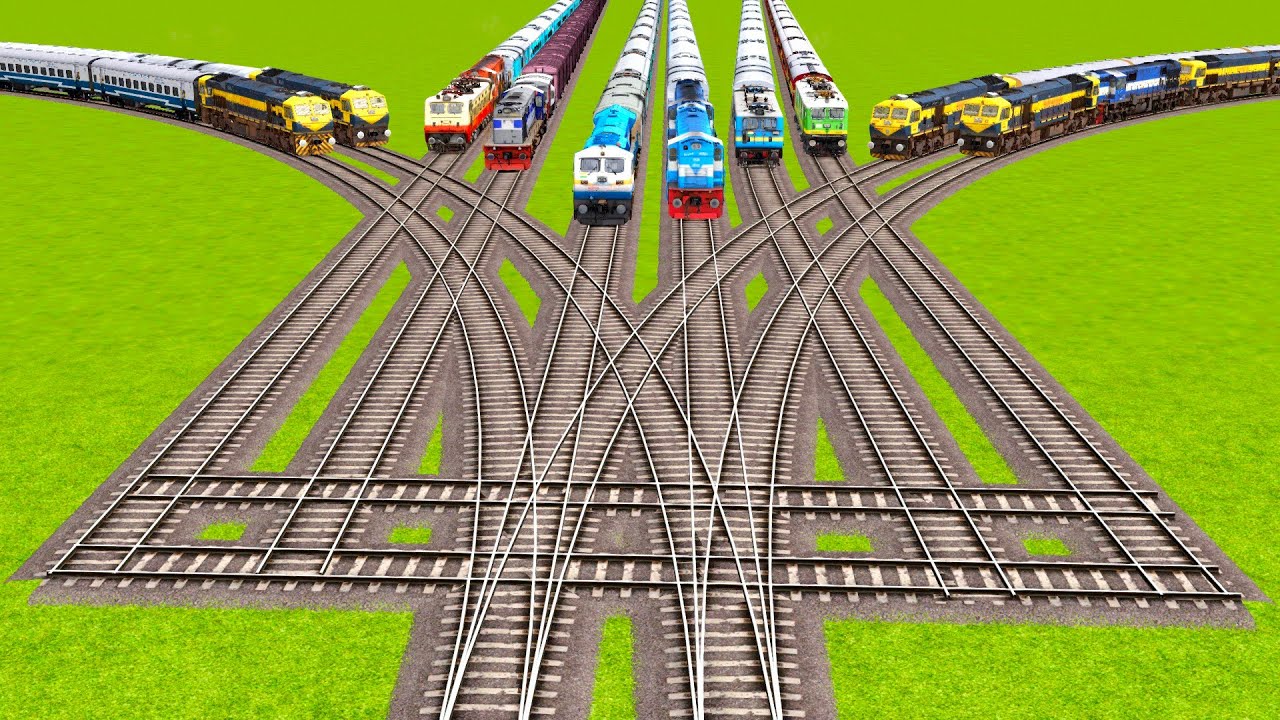 FOUR DIFFERENT RAILROAD TRACKS TRAINS AND SIX SQUARE RAILWAY TRACKS NETWORK|▶️ Train simulator|