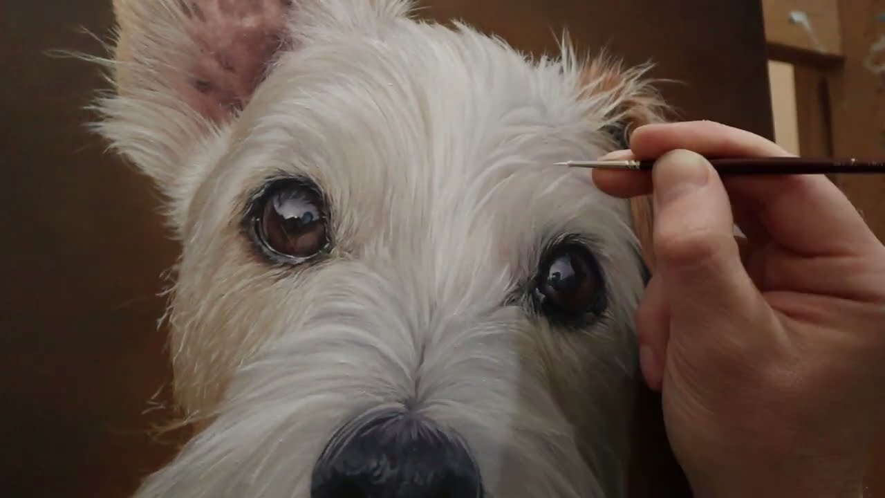 Time lapse of an oil painting of a white dog.