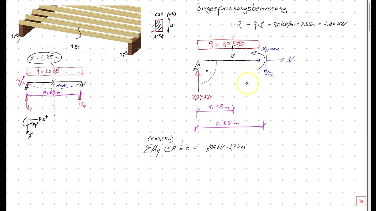 Teil - 2 - Biegespannungsbemessung Holzbalkendecke Mechanik Statik Grundlagen