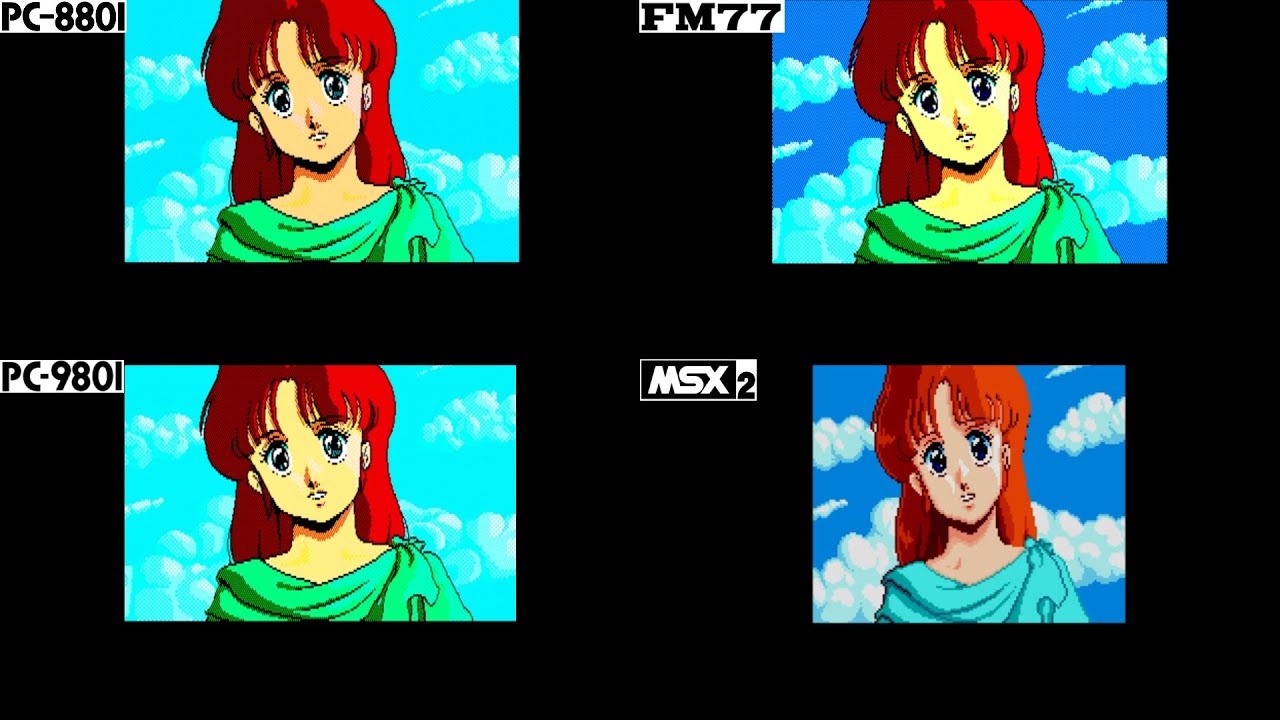 イース2　Ys2　オープニング比較②　PC88・98・FM77AV・MSX2　同時再生・静止画シーン比較・BGM切換あり