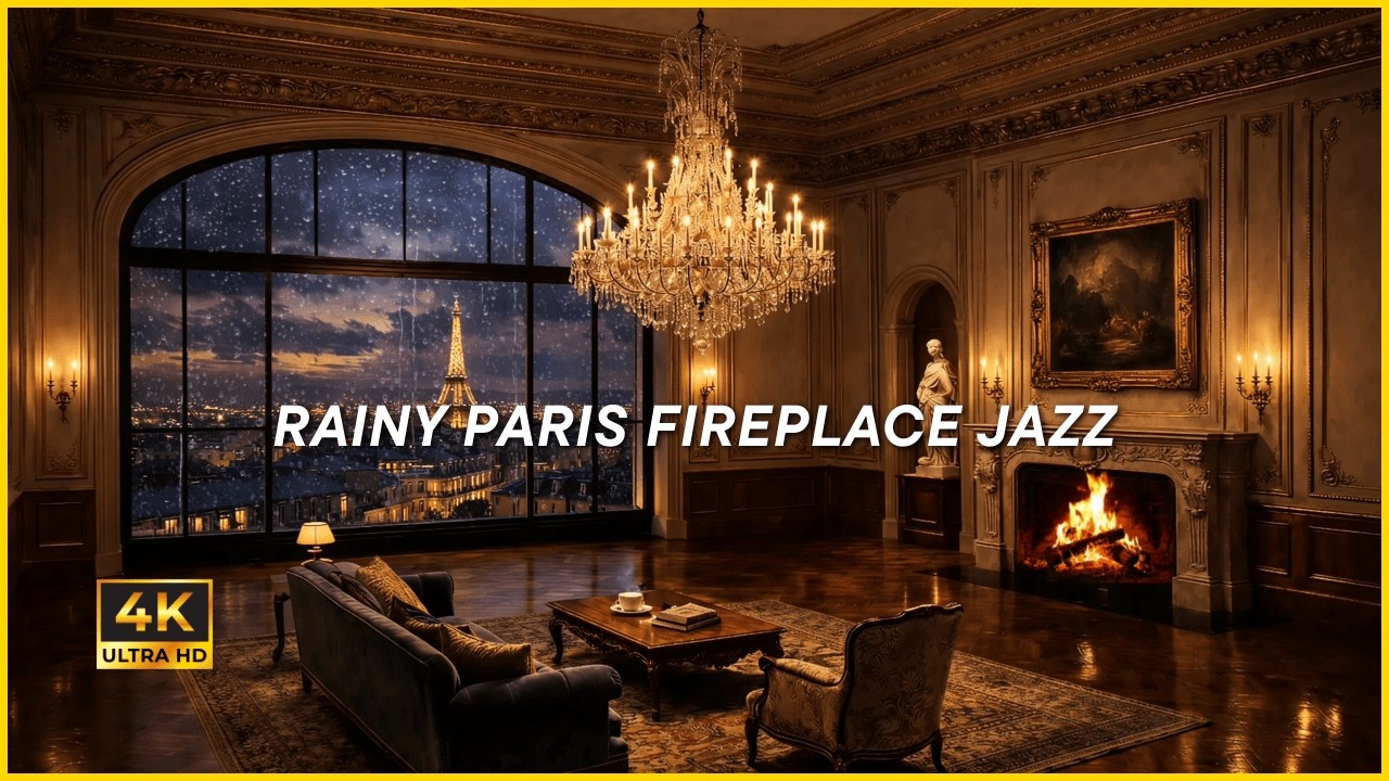 RAINY PARIS FIREPLACE JAZZ (4K) | Cozy Eiffel Tower Night Rain for Relaxation, Focus and Sleep