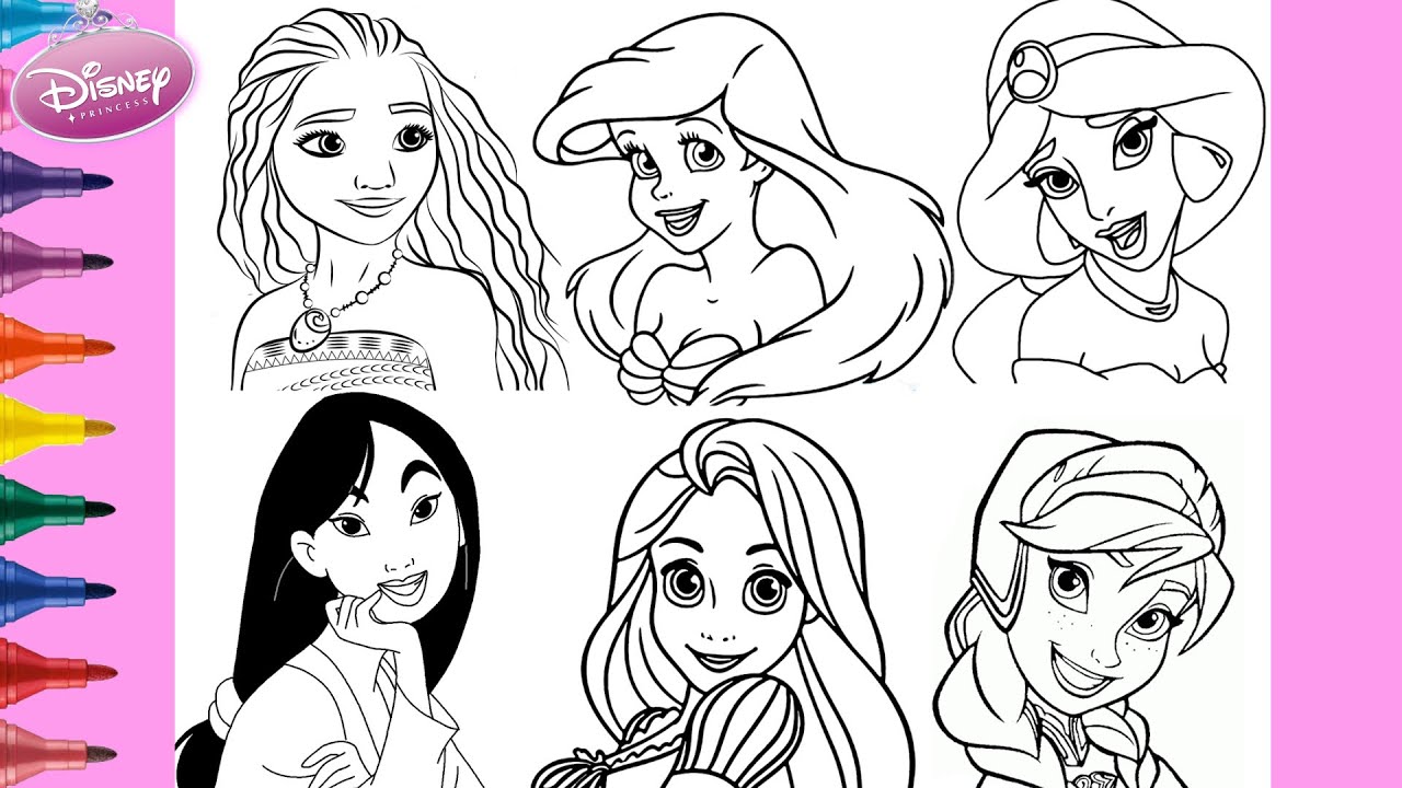 Princess Coloring Compilation - Coloring All Disney Princesses - Anna Rapunzel Ariel Moana Mulan