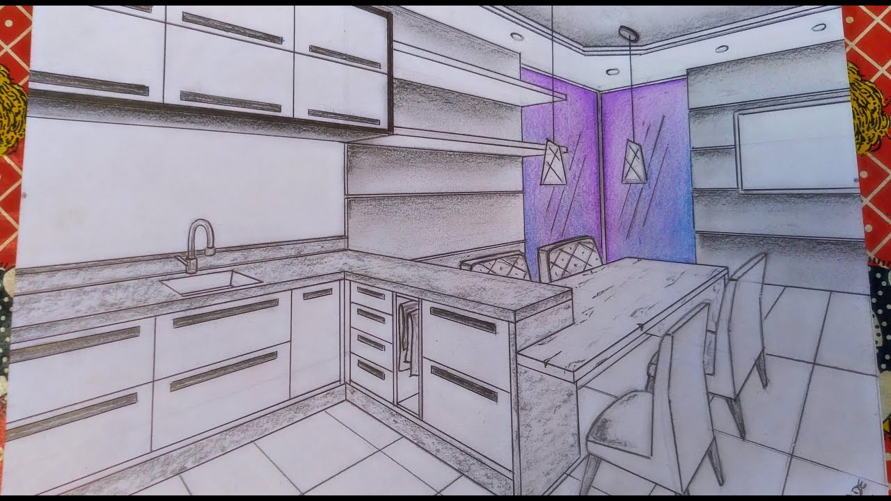 Aprenda a Desenhar Cozinha c/ Ilha e Mesa de Jantar c/ 02 Pontos de Fuga! Passo a Passo