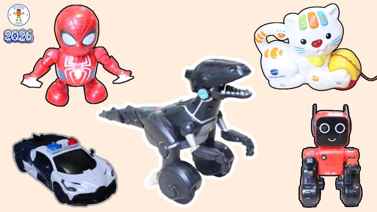 Repair five toys: Robot, Cat, Spideman, Police car, The dinosaurs are hungry  - sửa 5 món đồ chơi