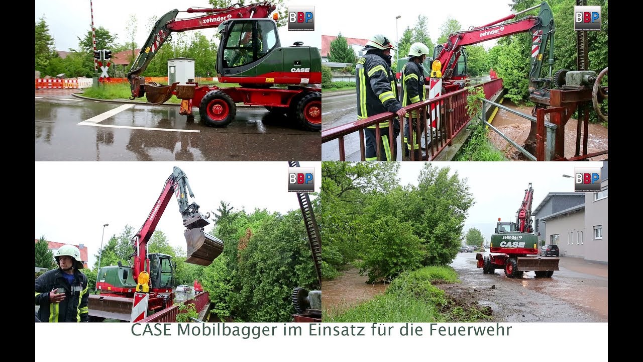 CASE Mobilbagger im Feuerwehreinsatz, Hochwasser Rudersberg, 21.05.2019.