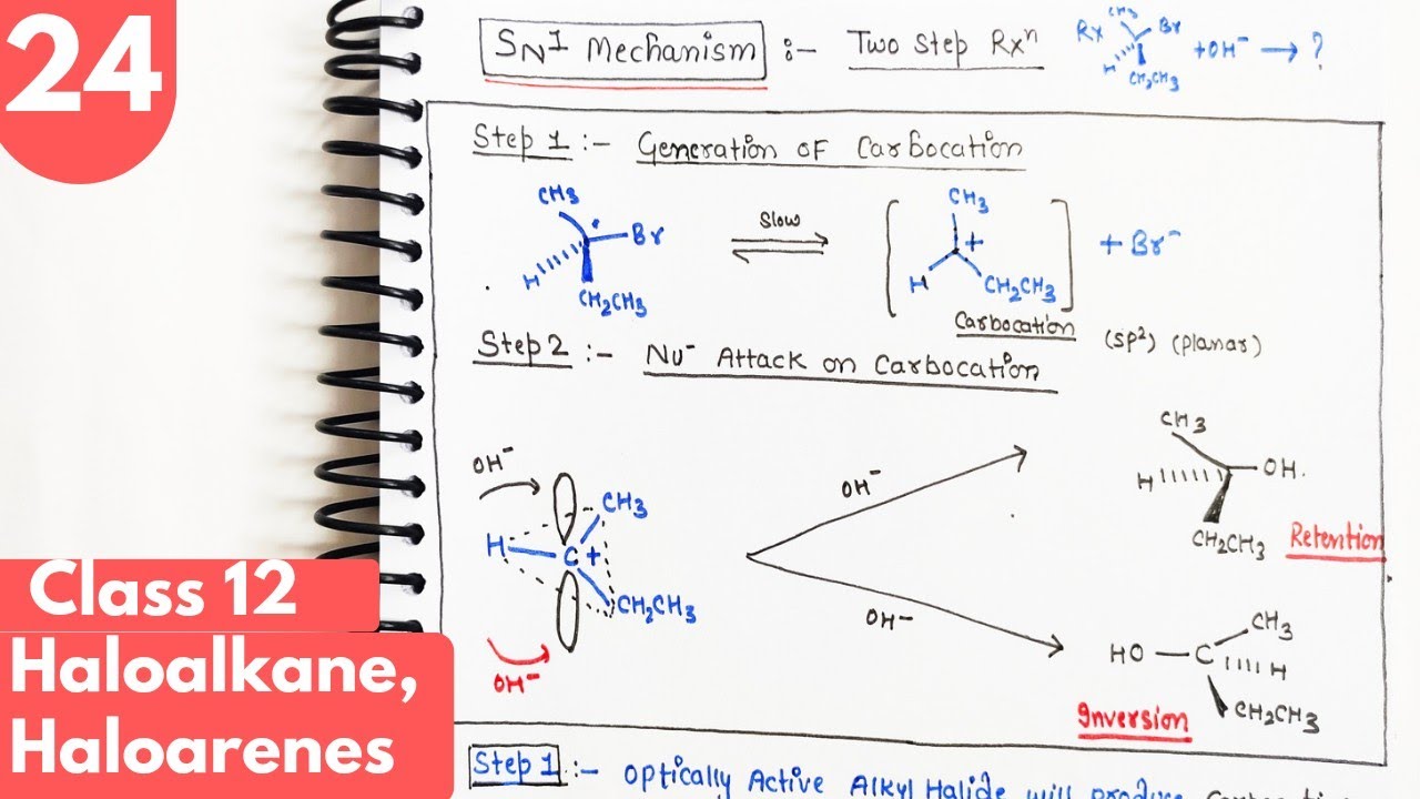 24) Stereochemistry of SN1 and SN2 reactions| Retention and inversion| Haloalkane organic Class12