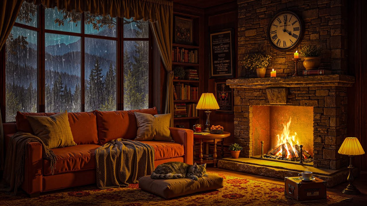 🎶 Cozy Jazz by the Fireplace 🔥🌧️ Rainy Night Ambience with Warm Cabin Vibes for Deep Relaxation
