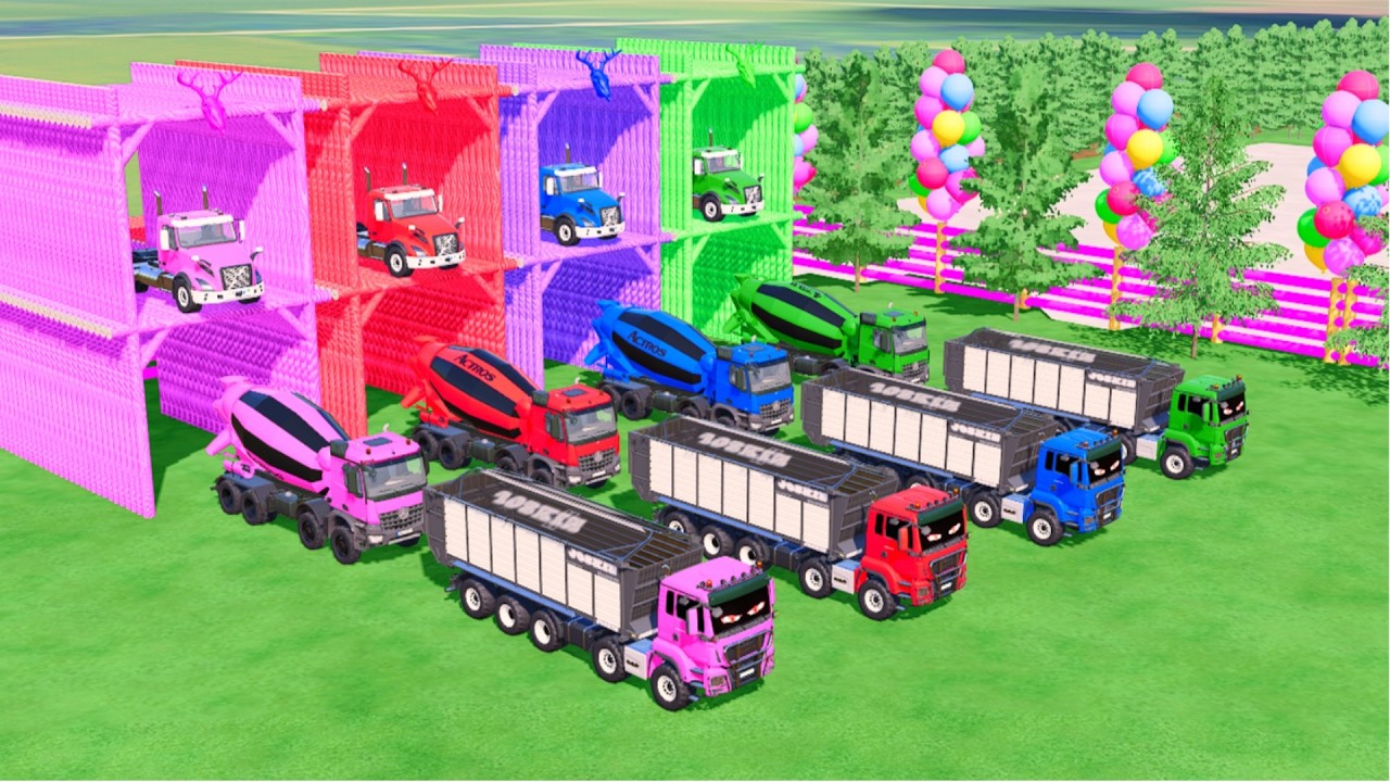 TRANSPORTING ALL THE COLORFUL MIXER TRUCKS, EYED TRUCKS, WITH VOLVO TRUCKS TO THE GARAGE