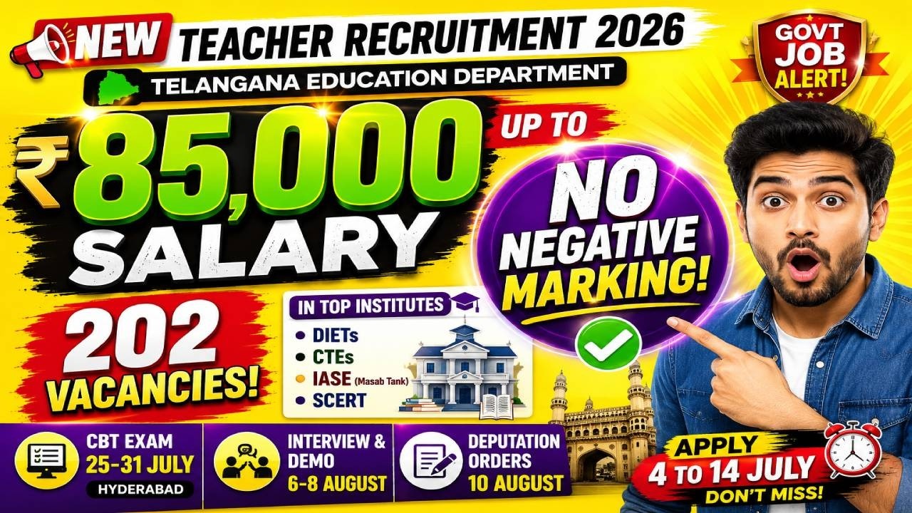 Telangana Teacher Recruitment 2026 🔥 202 Vacancies | Up to ₹85,000 Salary | No Negative Marking