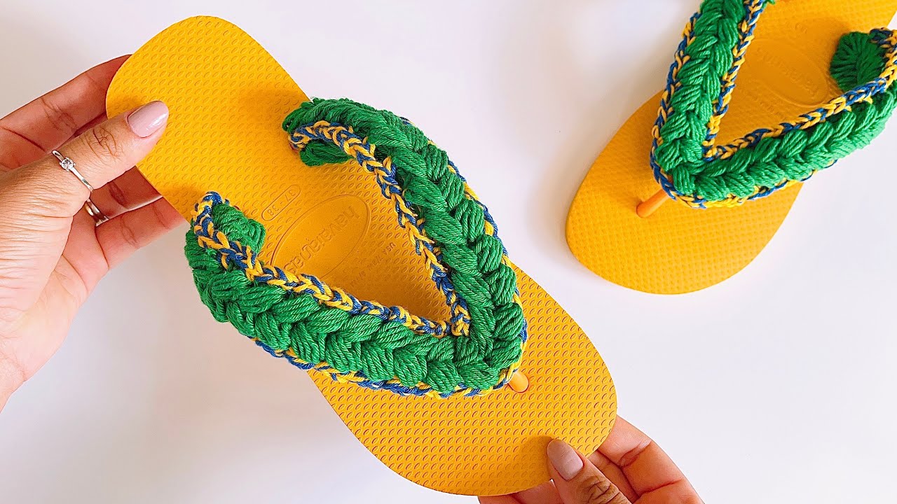 Chinelo de crochê Brasileirinho 🇧🇷 Tendência do verão e ano de Copa