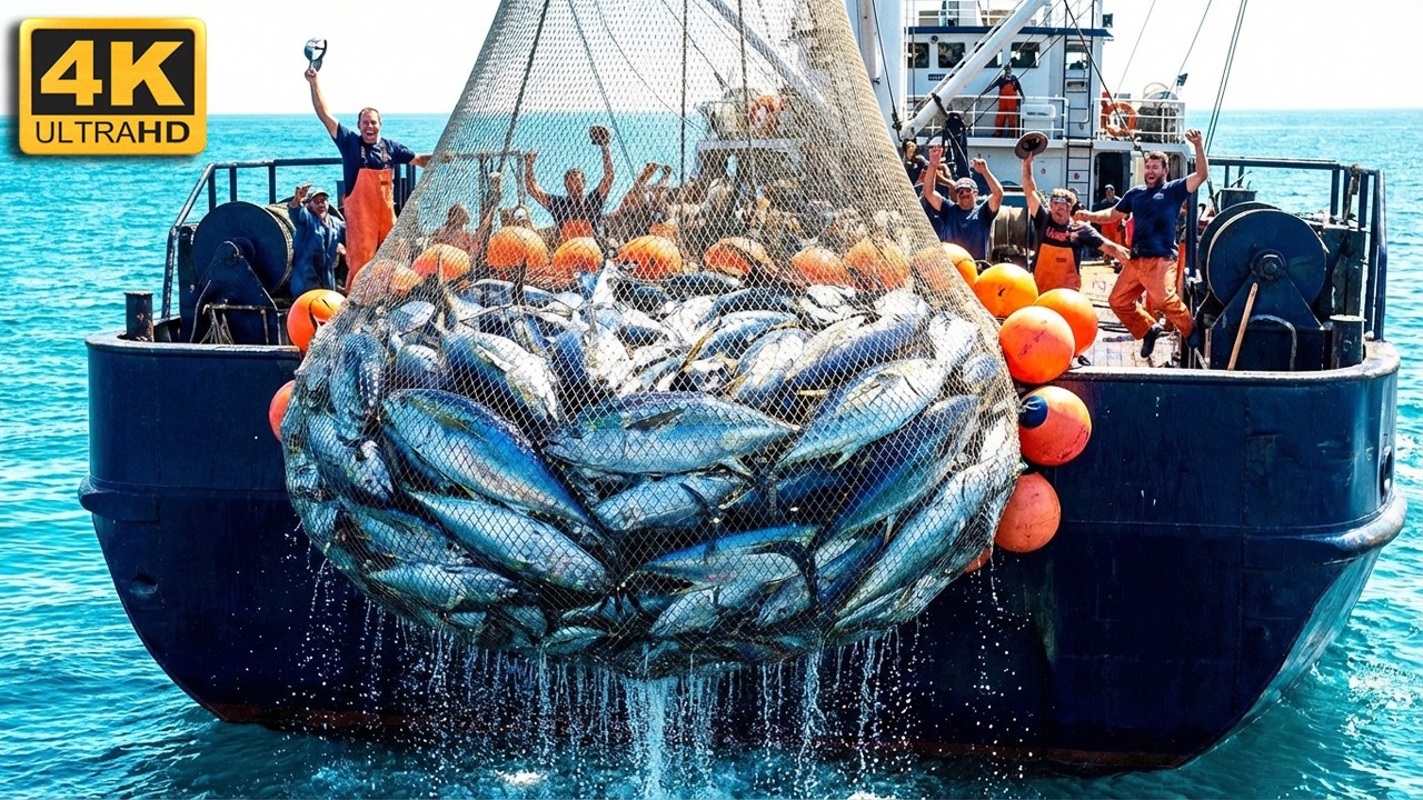 🚨🐟 Массовый наплыв тунца — сеть оказалась настолько тяжелой, что в это трудно поверить! #тунец