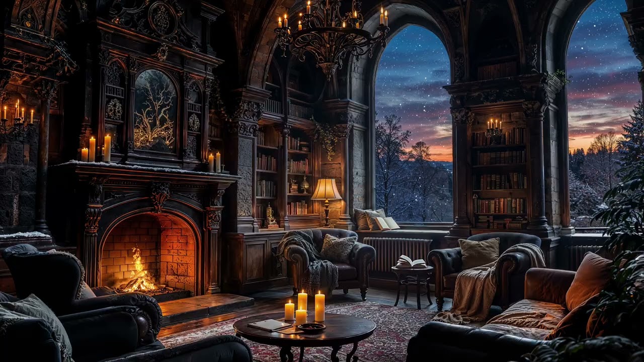 Magic Castle Ambience with Cozy Fireplace sound and Snowfall for Sleep and Reading
