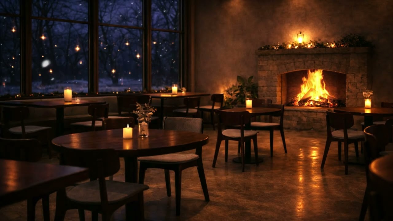 Relaxing Winter Night Cafe ☕ — Fireplace & Snowfall for Focus & Restful Sleep ❄️