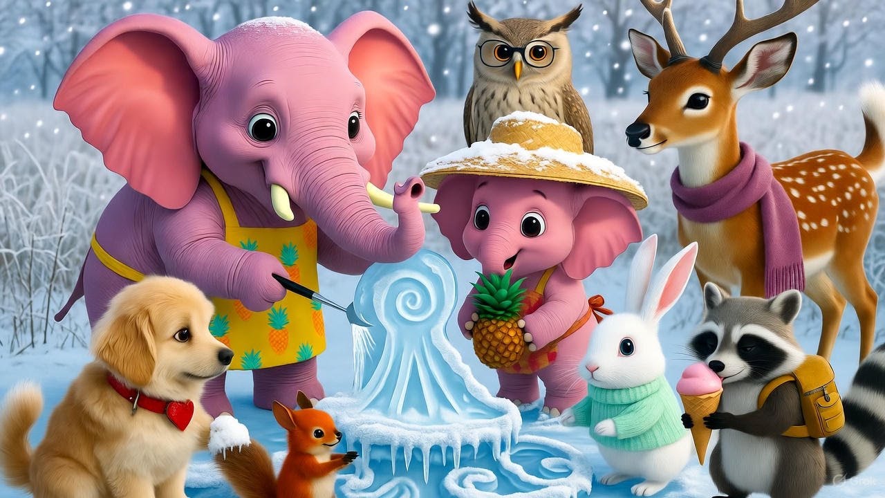 Strawberry Elephant Gang🌟🐘The Ice Sculpture Challenge in the Frosty Meadow