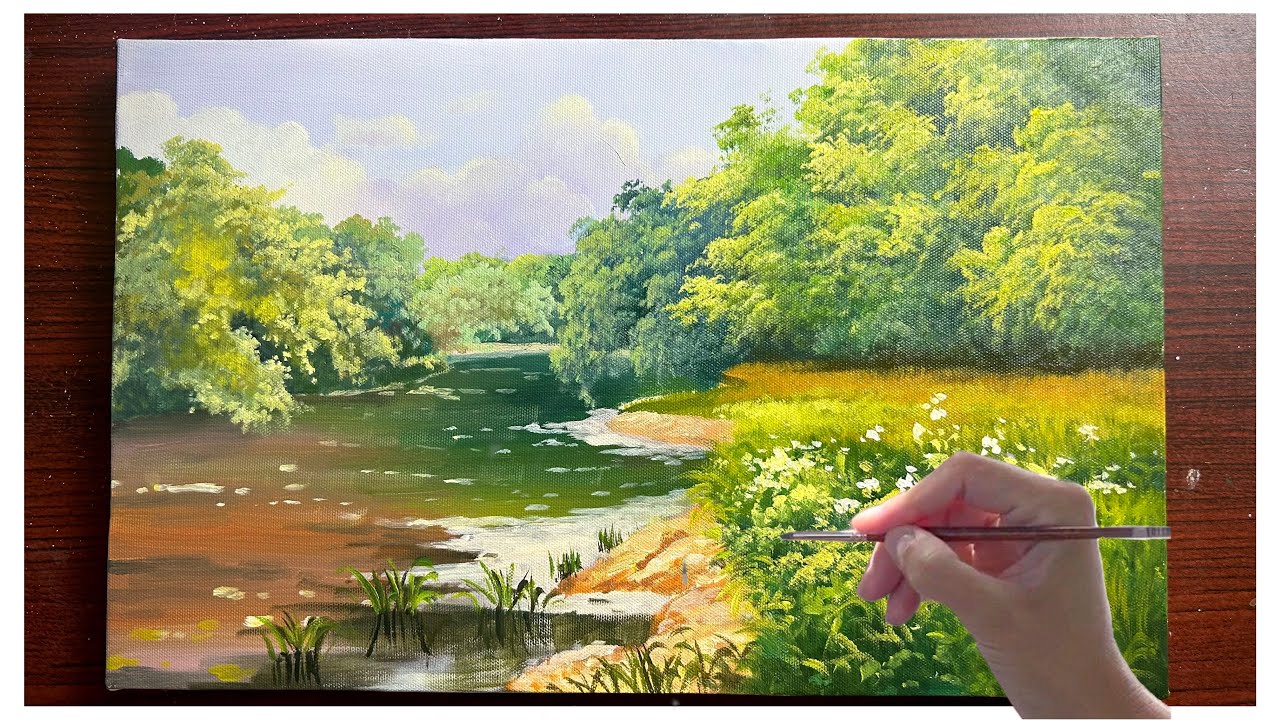 Peaceful River Landscape Painting | Acrylic Tutorial | No Talk Relaxing Art - An Lam Art