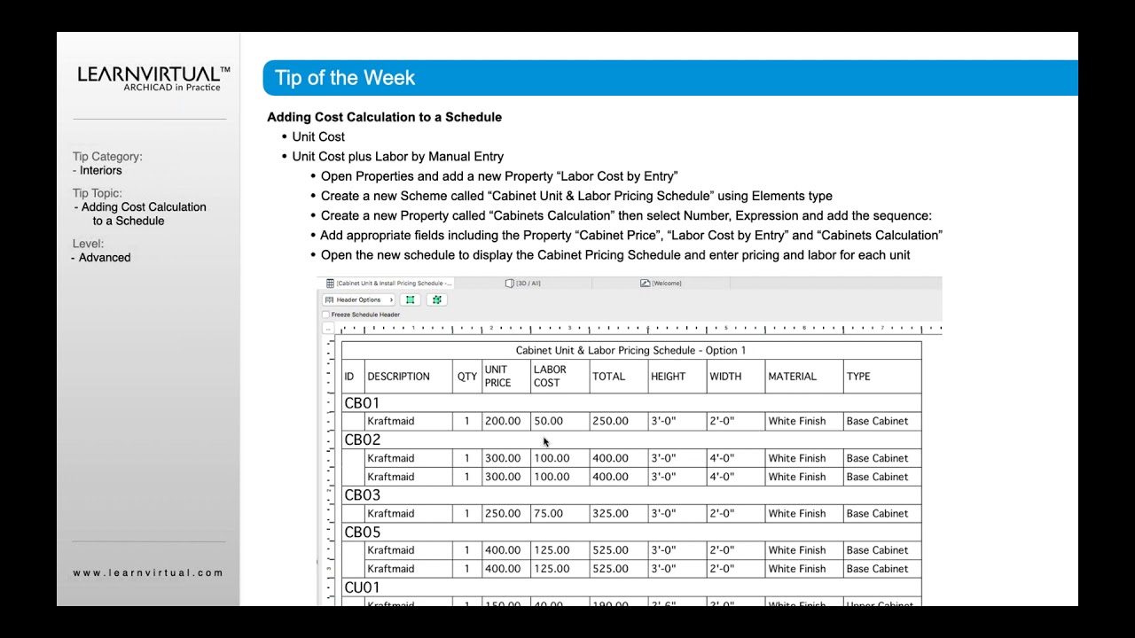 Adding Cost Calculations to a Schedule in Archicad