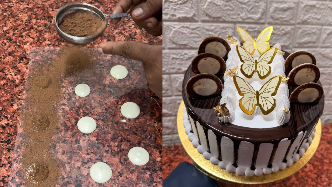 Golden Butterfly Chocolate Drip Cake | Rich Chocolate with Elegant White Cream & Luxury Gold Touch😍