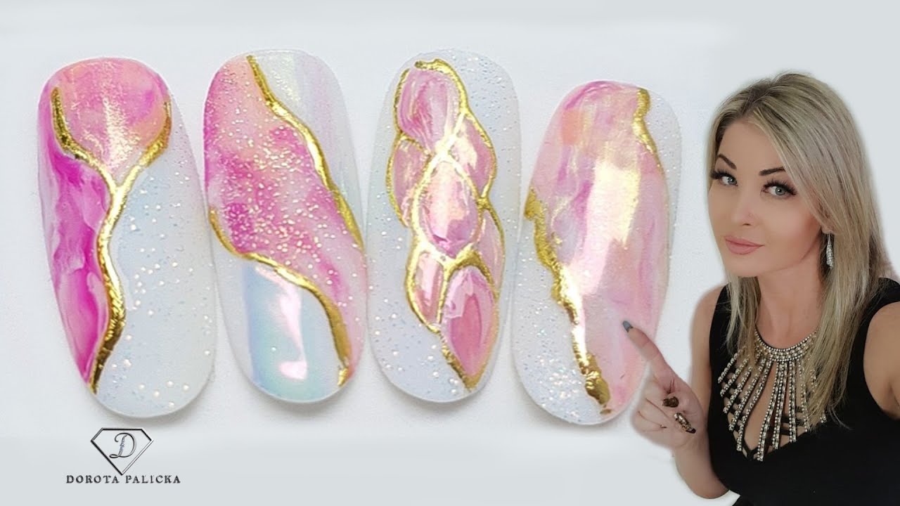 Aurora nails. Marble nail art with sugar and Aurora chrome.