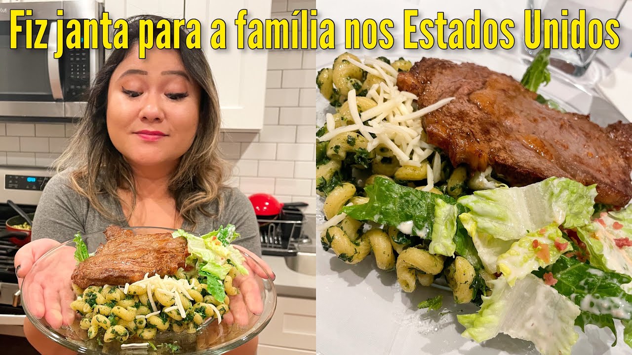 Cozinhando no EUA pra família: macarrão com espinafre, caesar salad, bifão.