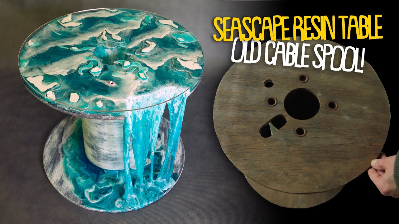 Resin Seascape Coffee Table from an old cable spool! Topographic Effect.Vintage wood & Epoxy resin.