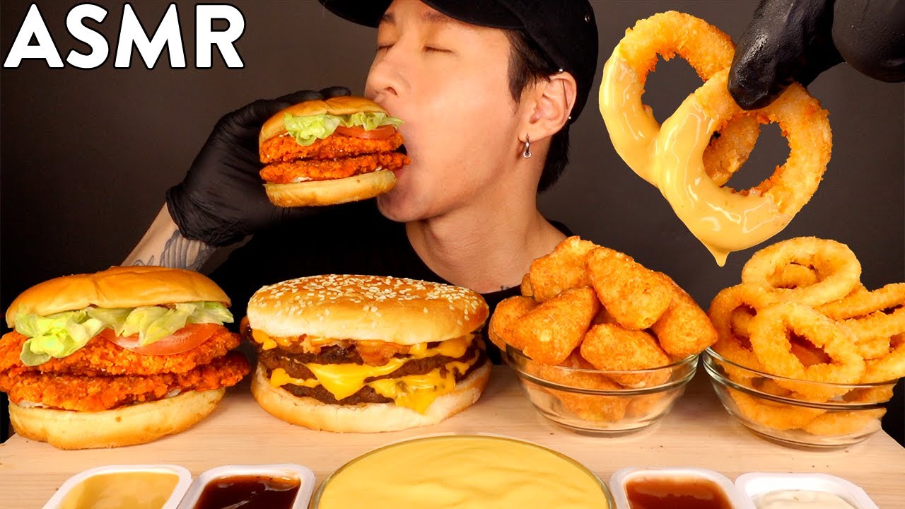 ASMR MUKBANG SPICY CHICKEN SANDWICH & CHEESY ONION RINGS & TRIPLE CHEESEBURGER (No Talking)