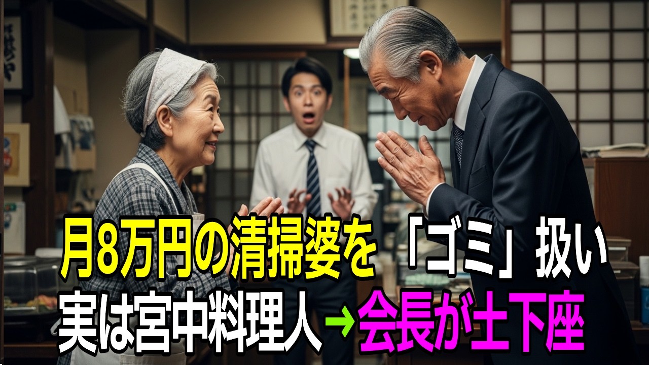 【涙腺崩壊】月8万円の清掃婆を「ゴミ」呼ばわりした月30万円コンサル、会長が土下座「命の恩人、元宮中料理人」→震えて這いつくばる末路【因果応報】【朗読】