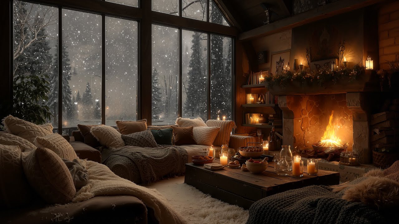Peaceful Winter Night in December  ❆ Soft Piano, Snowfall & Crackling Fireplace Sounds for Sleep