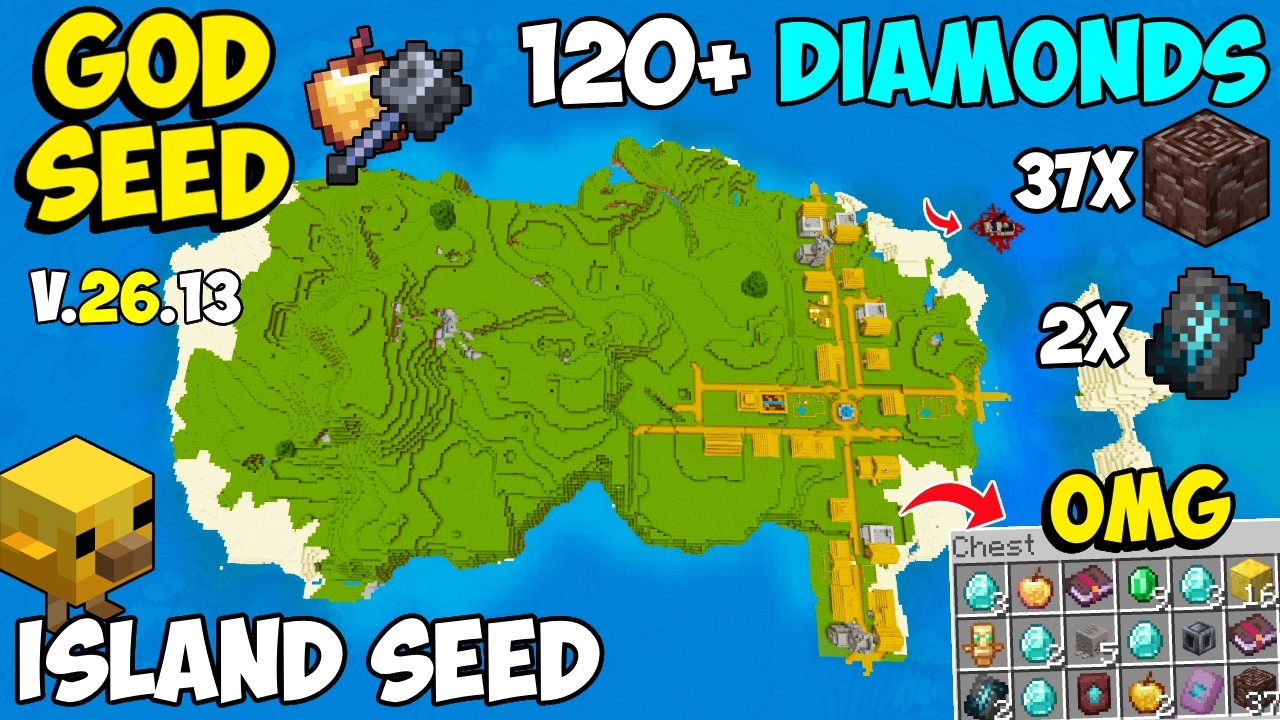 🔥Ultimate [God Seed] For Minecraft 26.13 Bedrock & PE | Four Blacksmith Village Island Seed 26.13