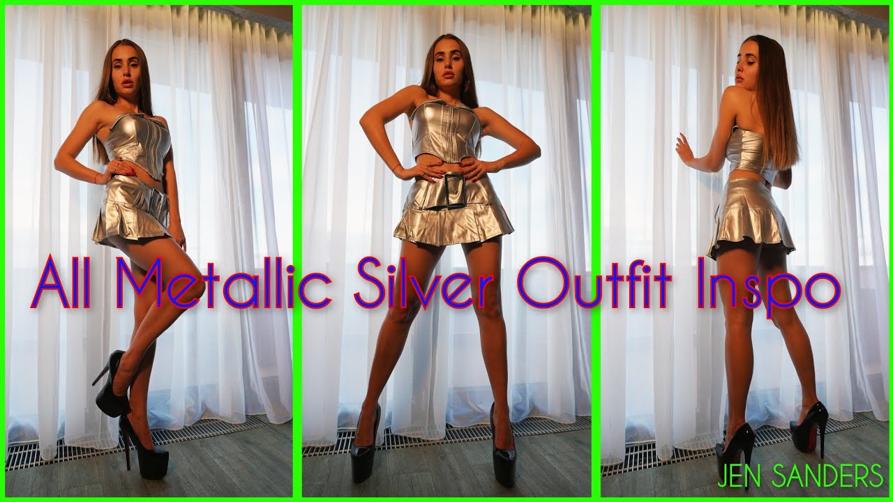 All Metallic Silver Outfit Inspo | Zipper Top, Pleated Skirt and High Heels