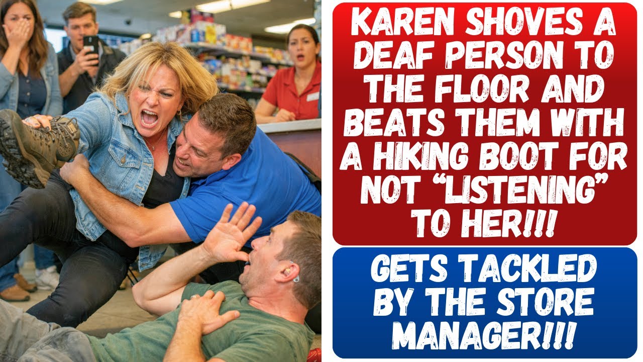 KAREN SHOVES A DEAF PERSON TO THE FLOOR AND BEATS THEM WITH A HIKING BOOT FOR NOT “LISTENING” TO HER
