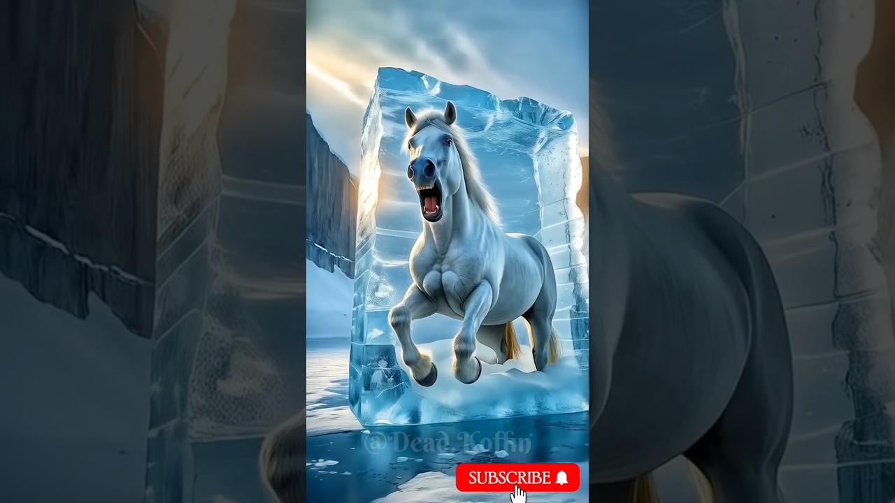 This horse is frozen inside the big ice stone 😱🤯|#horse#rescue#help#sad#ice#shorts#trending#animals