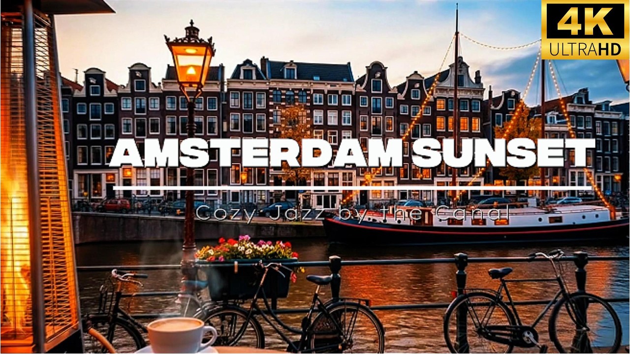 Amsterdam Sunset Café ☕ Cozy Jazz by the Canal 🔥 Fireplace, Boats & Evening Ambience | 2.5H 4K